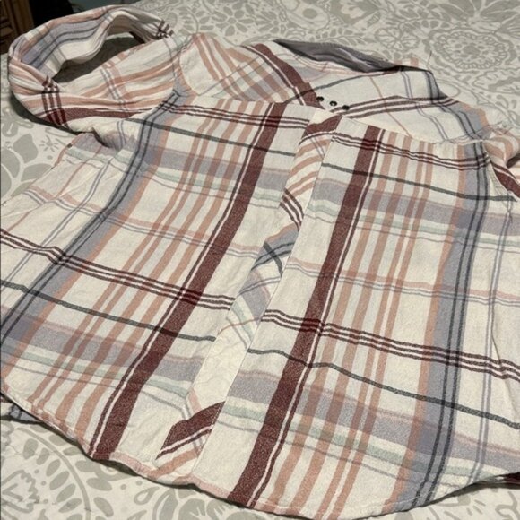 Free People Plaid Oversized Button Down Shirt - Pink and White M - Picture 8 of 9